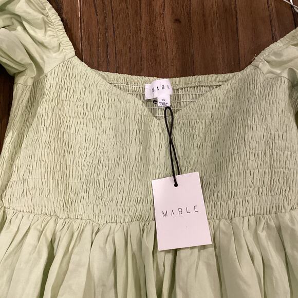 Mable Emory Smocked Ruffle Babydoll cotton mini dress NWT light green olive S - Picture 6 of 10